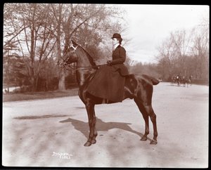 Portrett av Miss. Beach poserte på en hest på ridestien i Central Park, 1898 (sølv gelatintrykk)